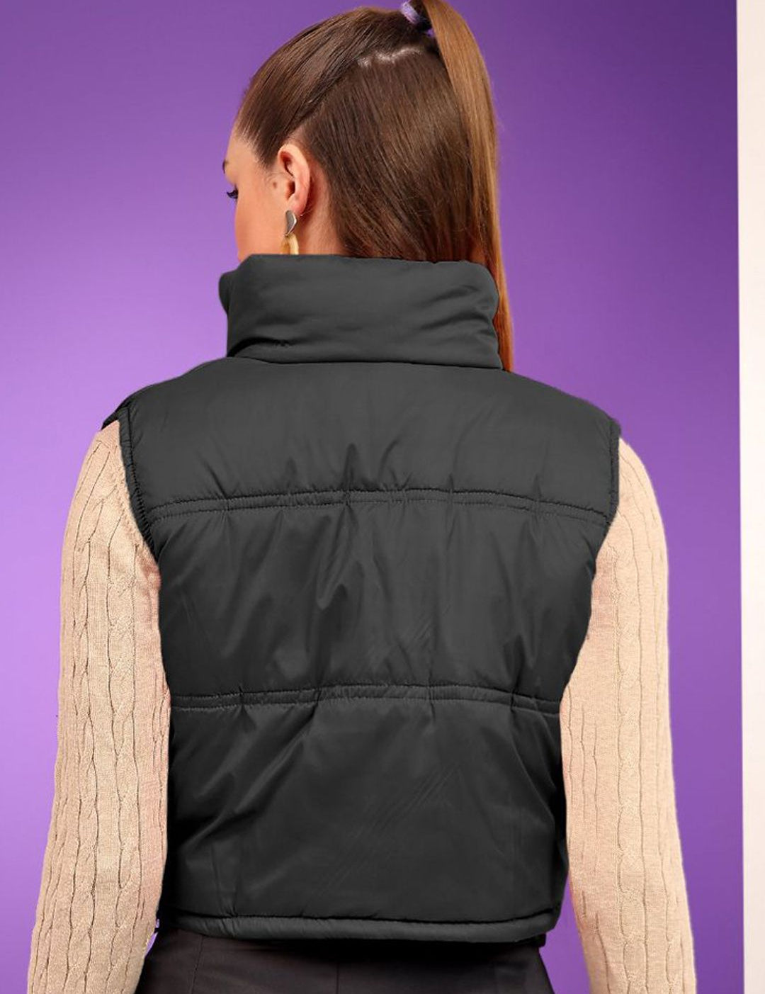 Kotty Women Mock Collar Solid Cotton Insulator Crop Gilet Jacket