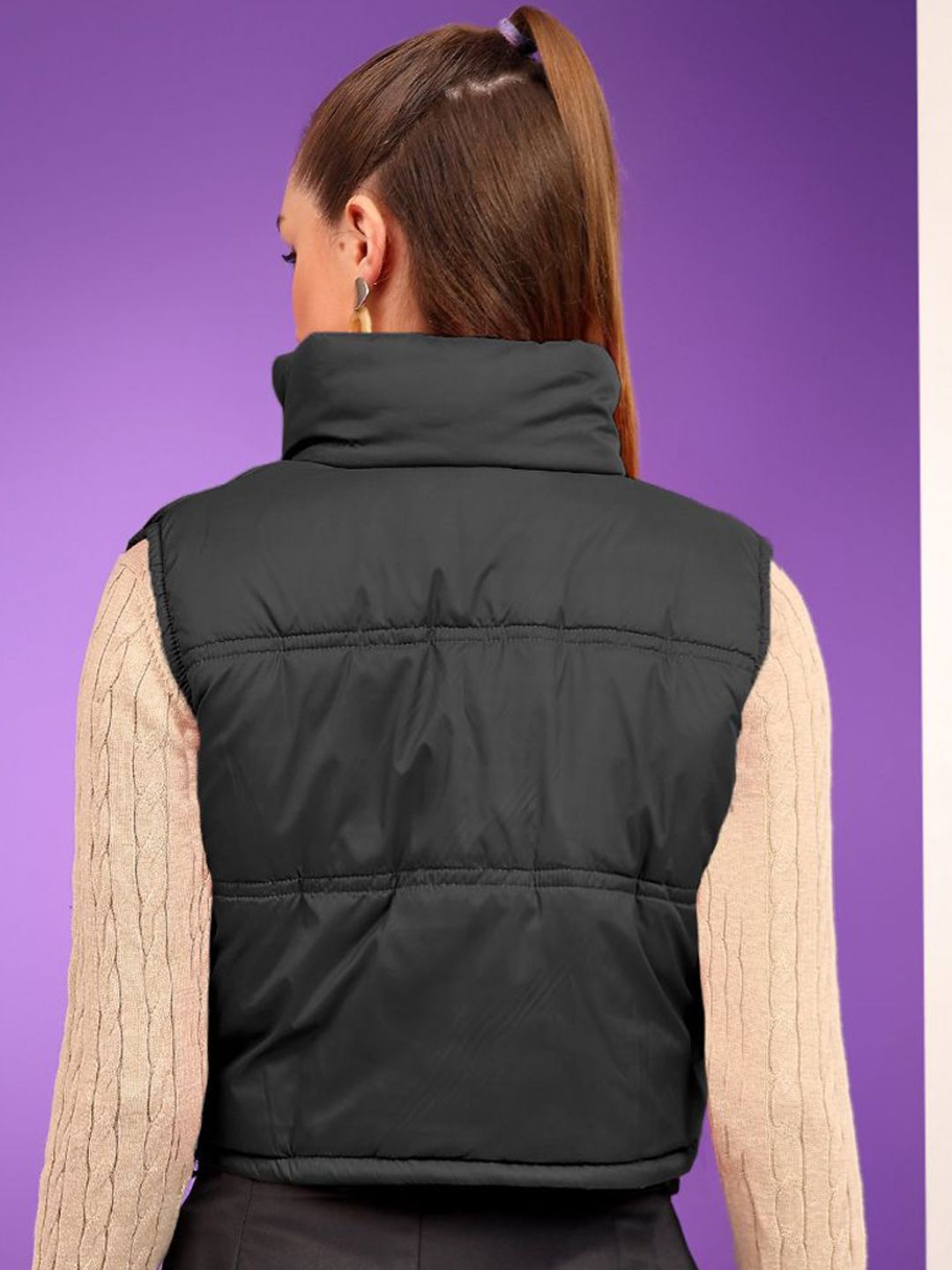 Kotty Women Mock Collar Solid Cotton Insulator Crop Gilet Jacket