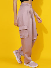 Kotty Women Relaxed Straight Leg Straight Fit High-Rise Easy Wash Pleated Cargos Trousers