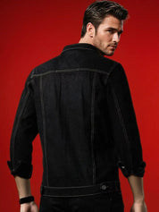 Kotty Men Spread Collar Solid Denim Jacket