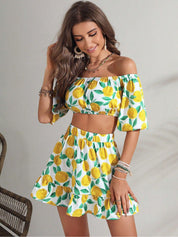 Kotty White & Yellow Printed Off-Shoulder Crop Top With Skirt