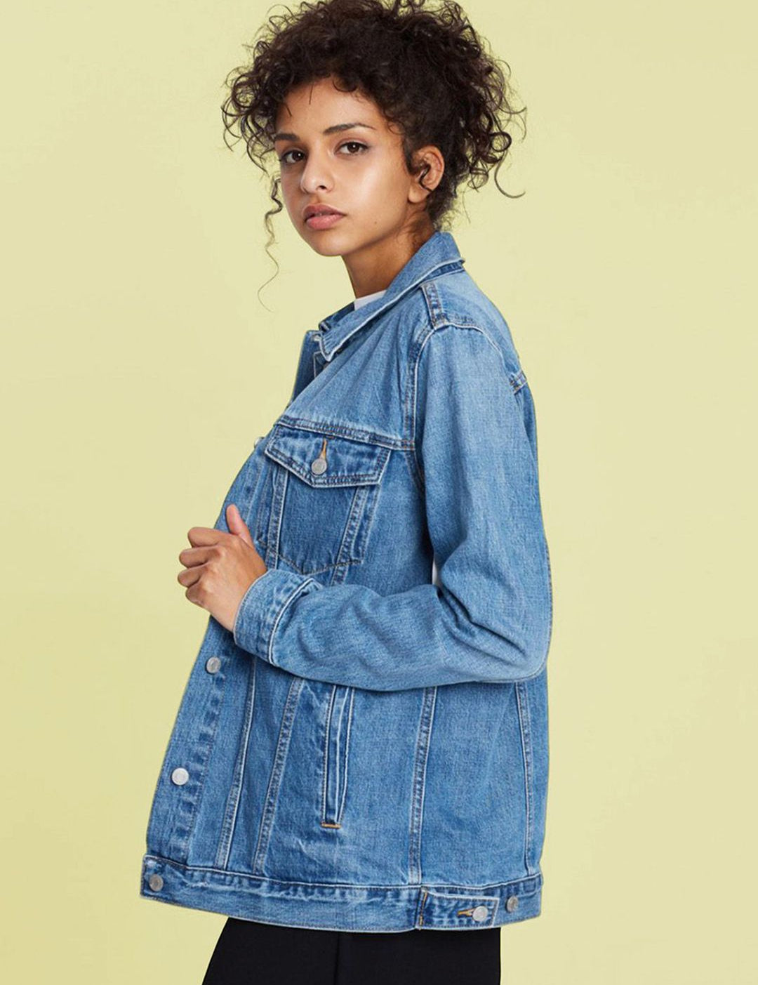 Kotty Women Spread Collar Solid Cotton Casual Denim Jacket