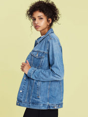 Kotty Women Spread Collar Solid Cotton Casual Denim Jacket