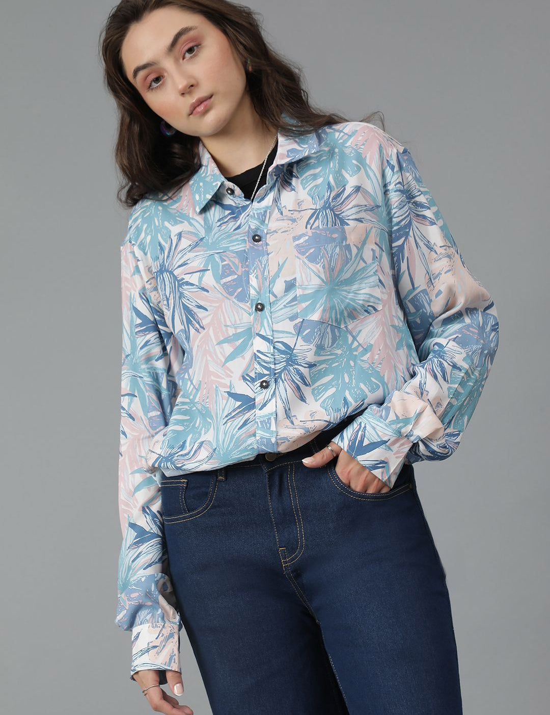 Kotty Women Spread Collar Floral Printed Cotton Oversized Casual Shirt