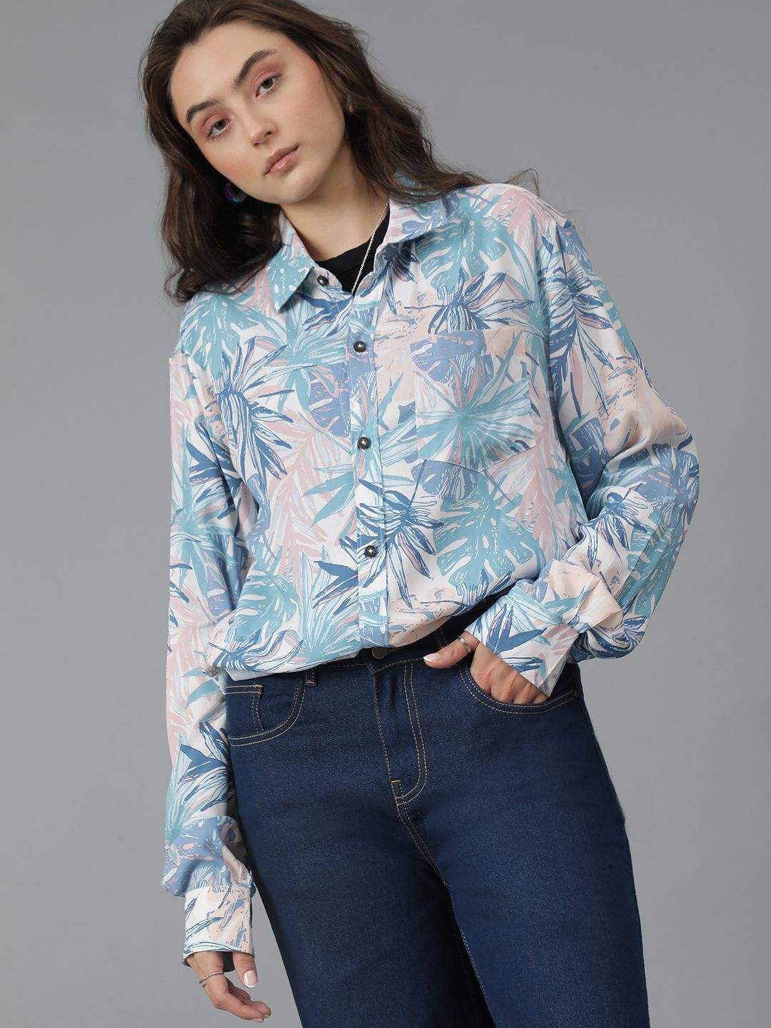 Kotty Women Spread Collar Floral Printed Cotton Oversized Casual Shirt