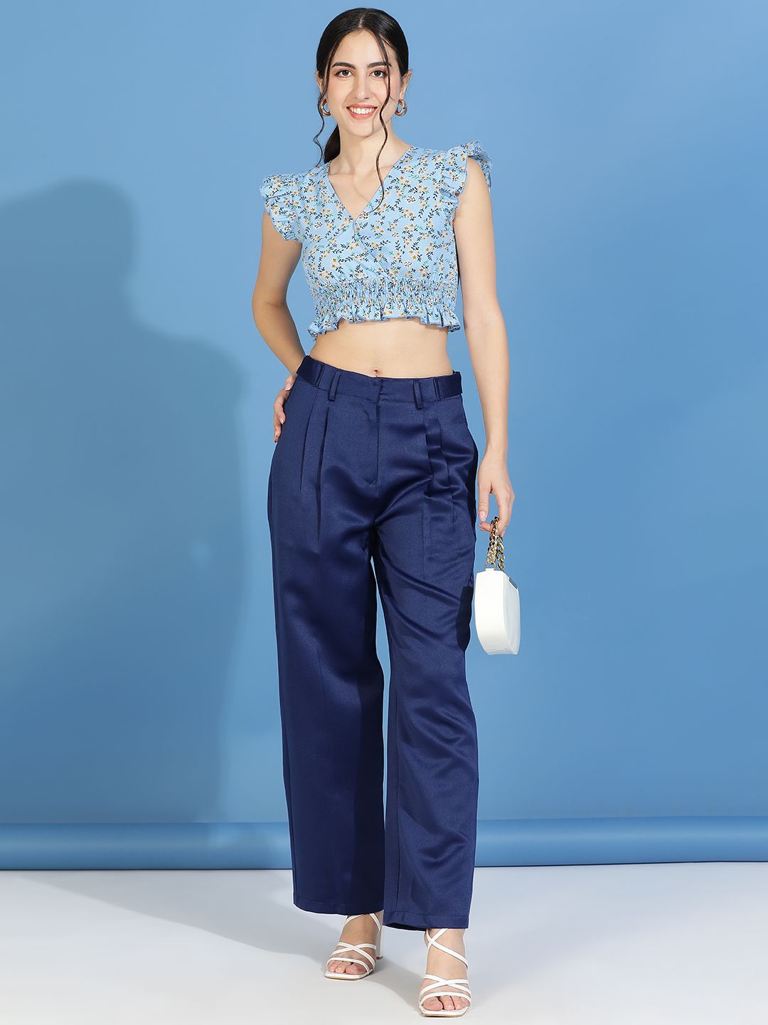 Kotty Floral Print Flutter Sleeve Crepe Wrap Crop Top