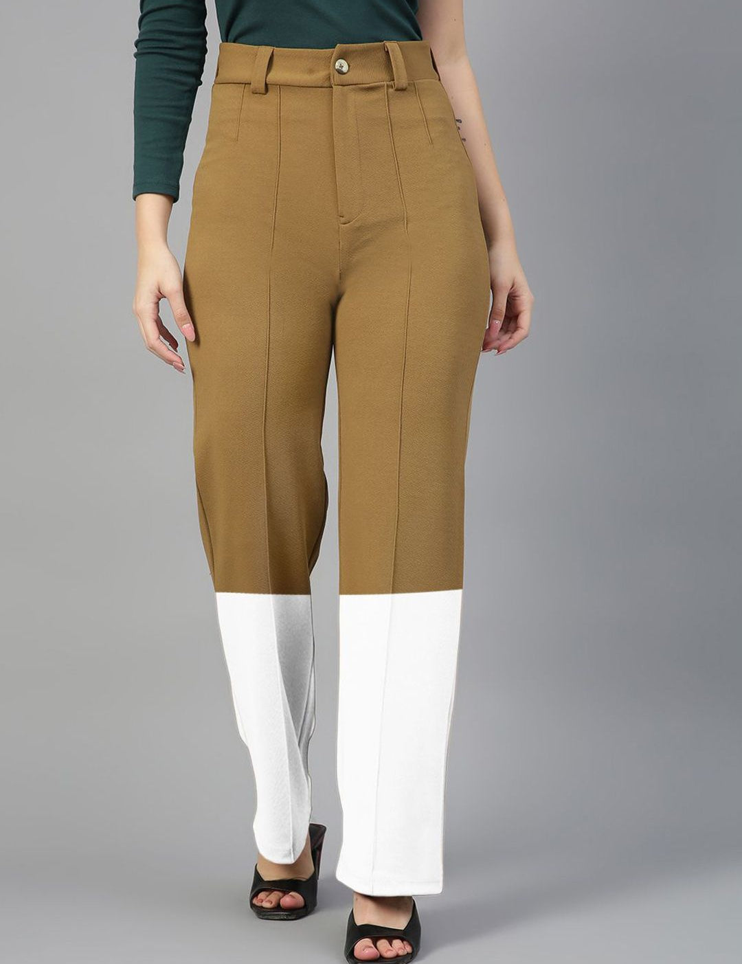 Kotty Women Colourblocked High-Rise Straight Fit Easy Wash Regular Trousers