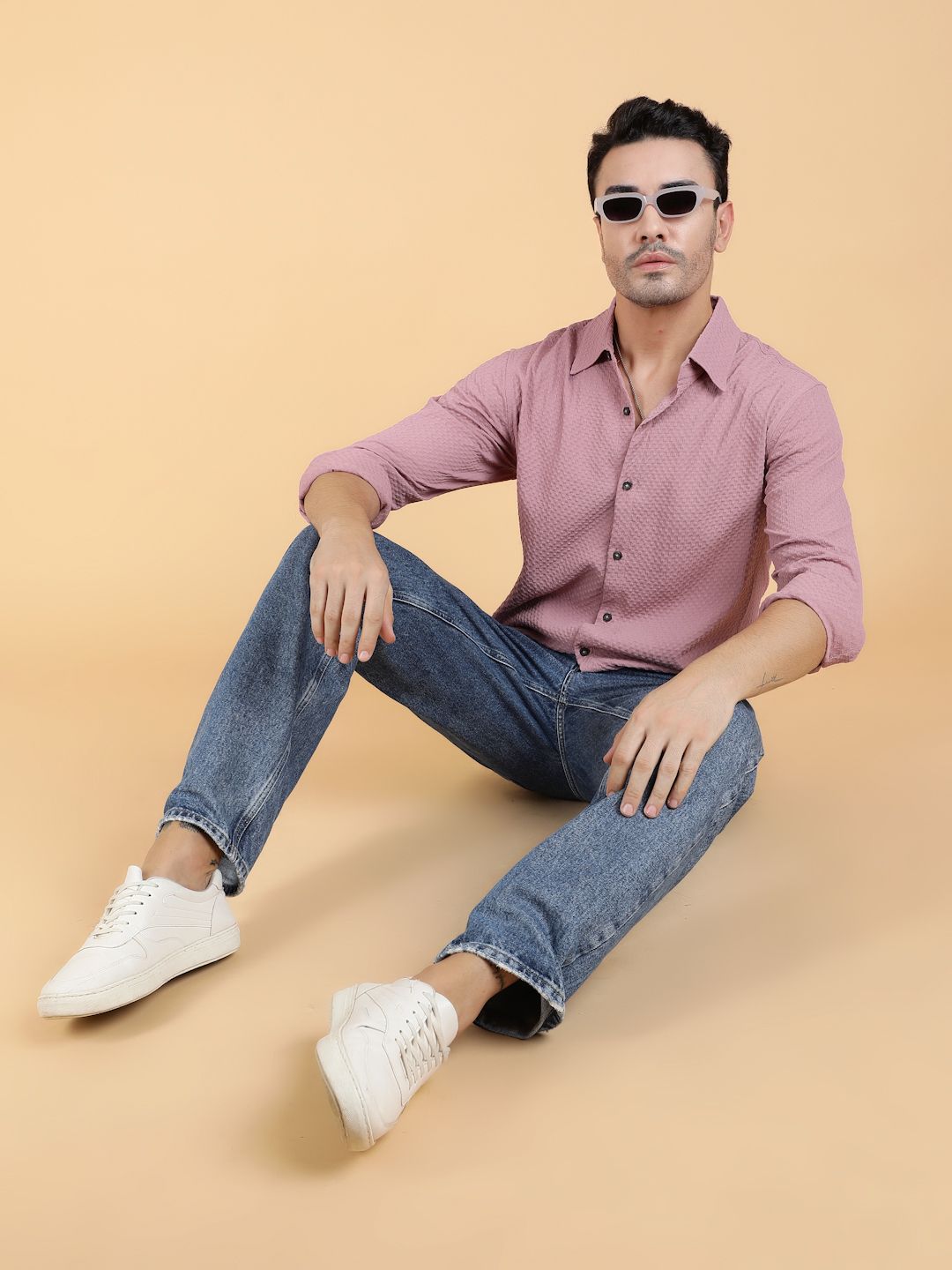 Kotty Men Relaxed Spread Collar Textured Cotton Casual Shirt