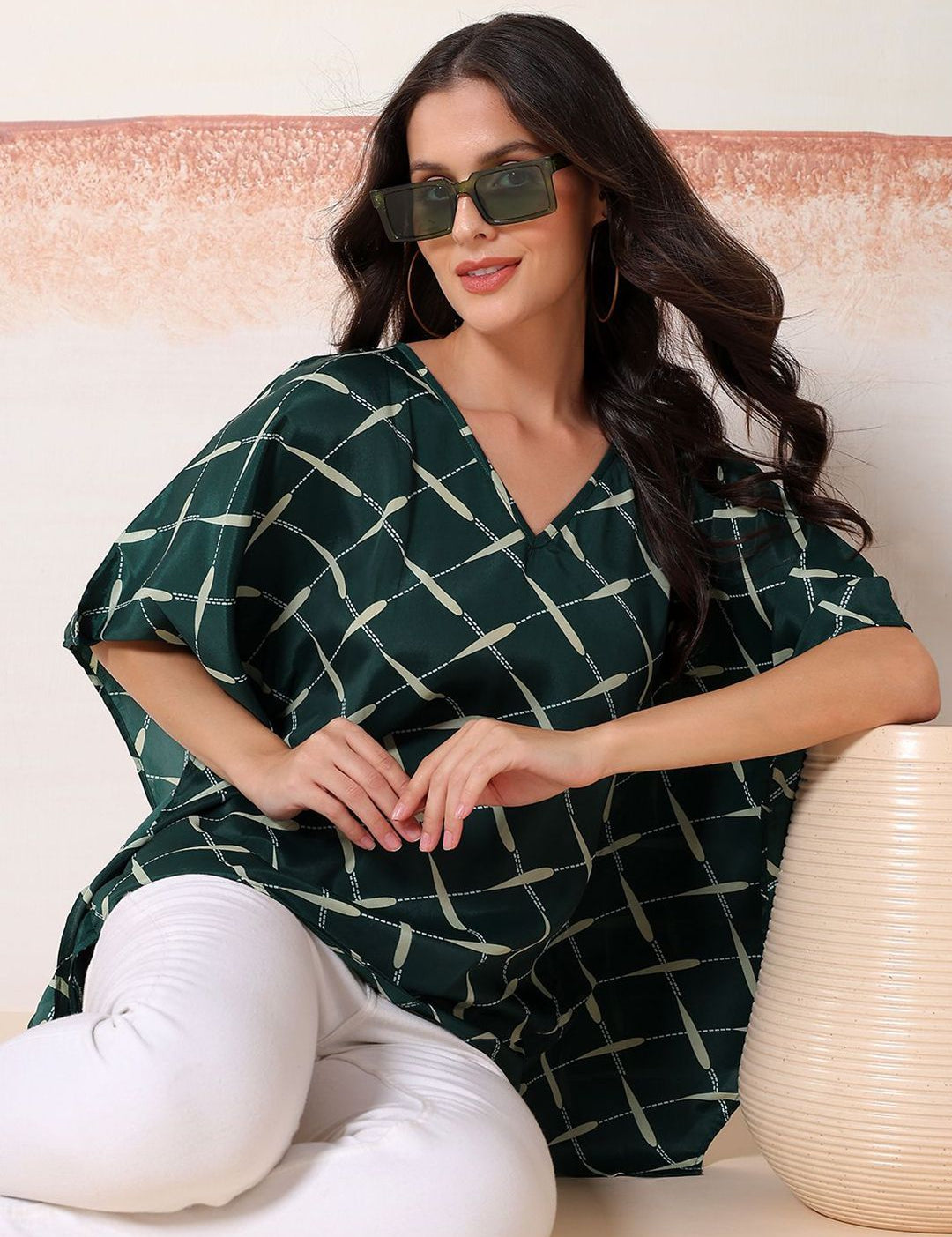 Kotty Women Checked Batwing Sleeve Satin Kaftan Top