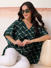 Kotty Women Checked Batwing Sleeve Satin Kaftan Top
