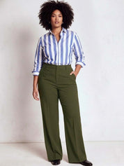 Green Wide Leg High-Rise Trousers for Women – Modern Solid Design | Kotty