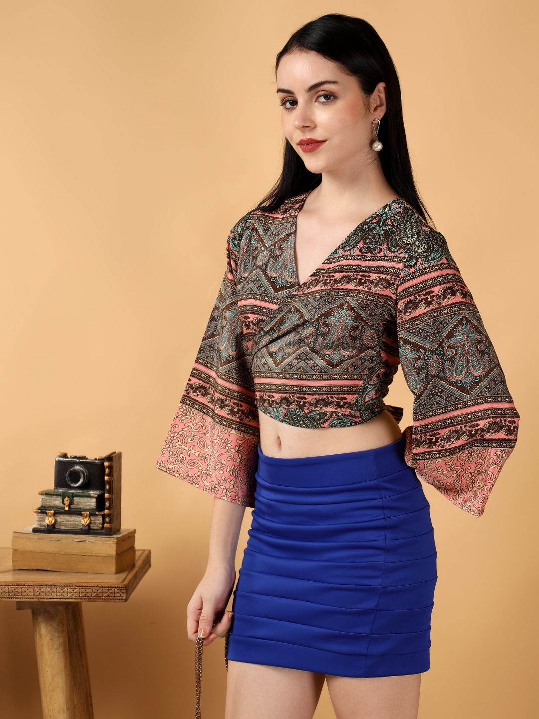 Kotty Floral Print Bell Sleeve Crepe Wrap Crop Top