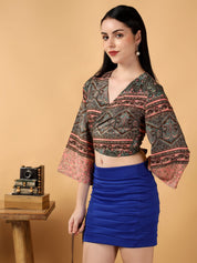 Kotty Floral Print Bell Sleeve Crepe Wrap Crop Top