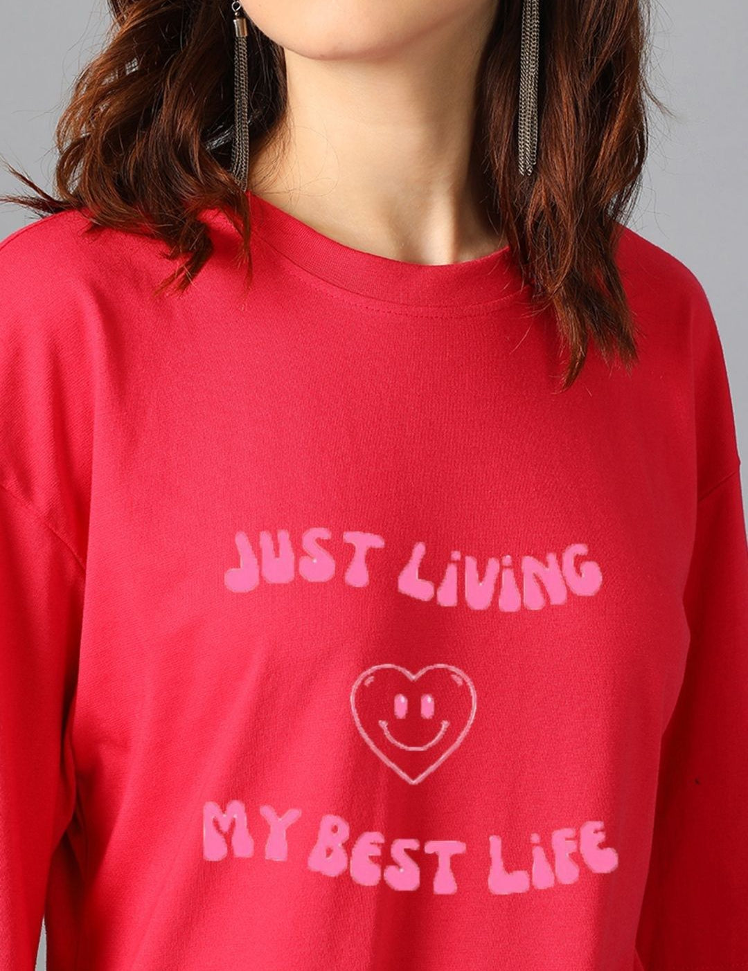 Kotty Cotton Typography Printed Drop-Shoulder Sleeves Oversized T-shirt