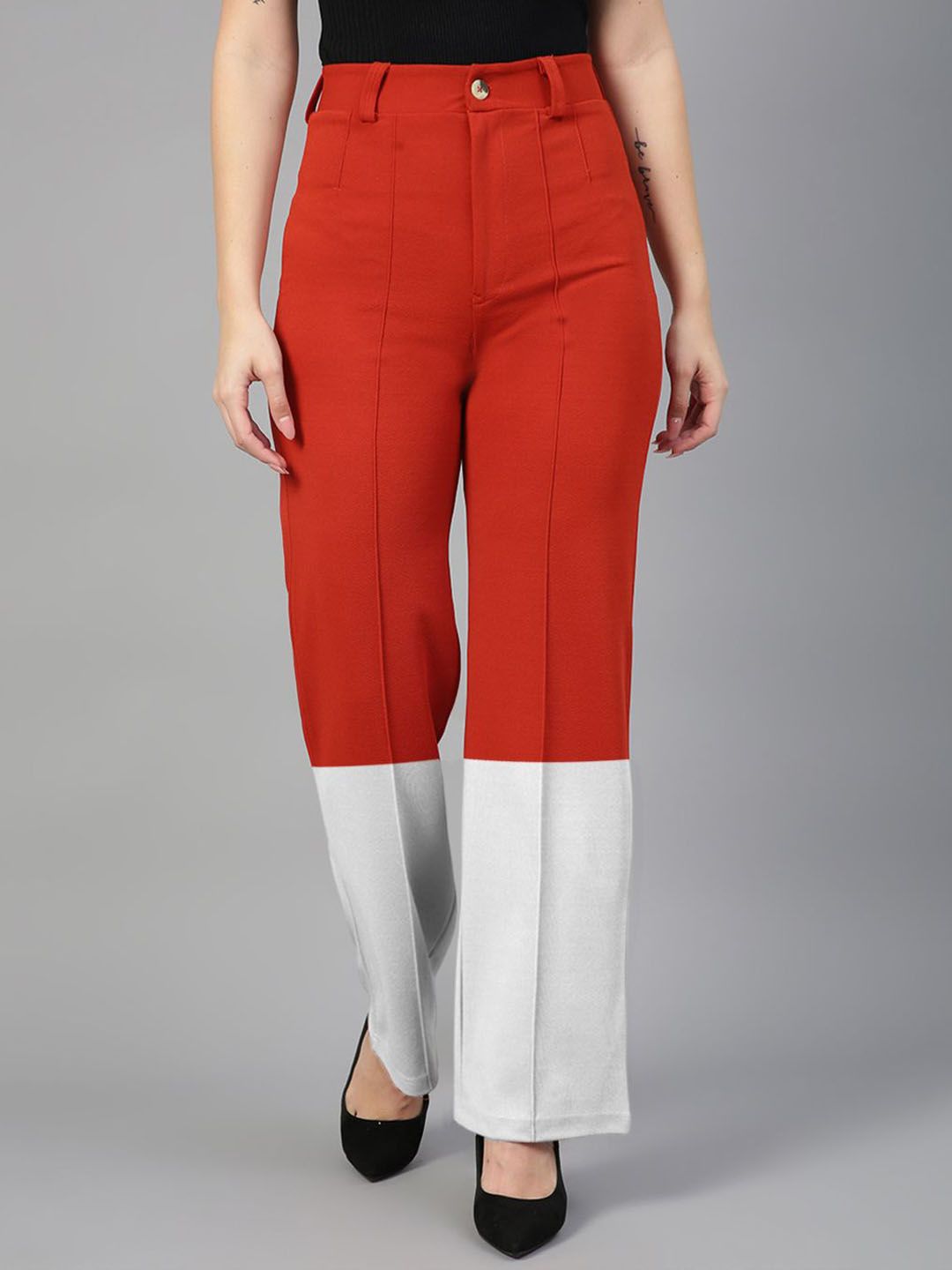 Kotty Women Colourblocked High-Rise Straight Fit Easy Wash Regular Trousers