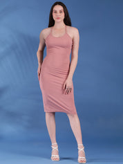 Kotty Solid Tie-Up Neck Bodycon Midi Dress