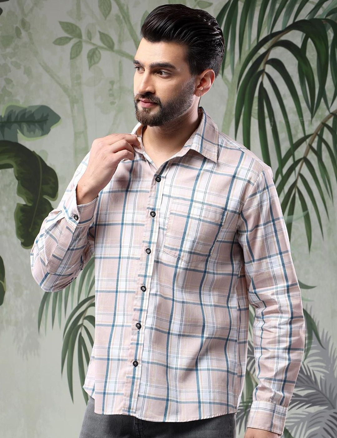 Kotty Men Spread Collar Tartan Checked Casual Shirt