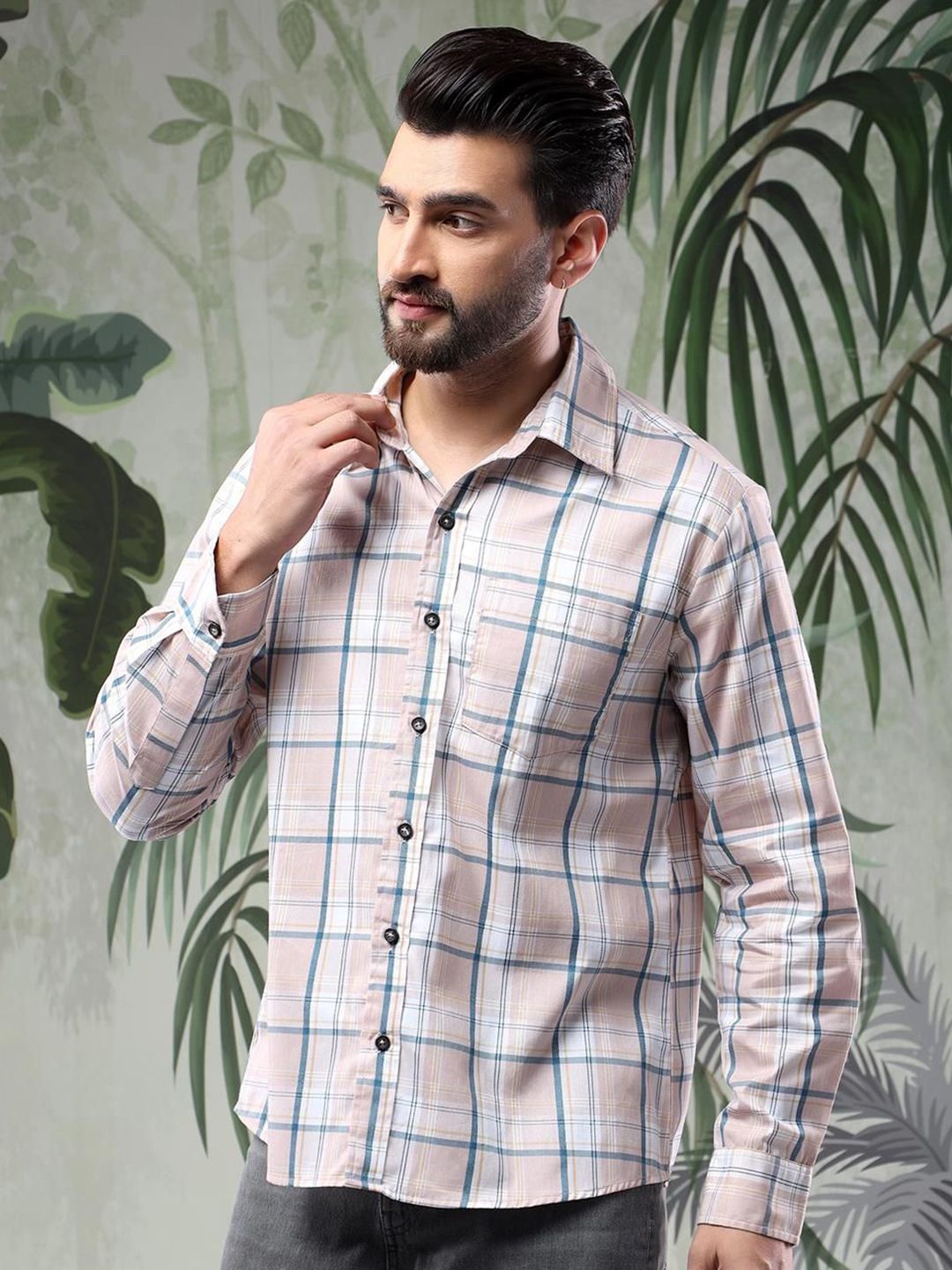 Kotty Men Spread Collar Tartan Checked Casual Shirt