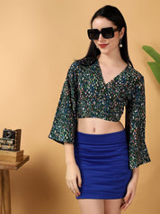 Kotty Floral Print Bell Sleeve Crepe Wrap Crop Top