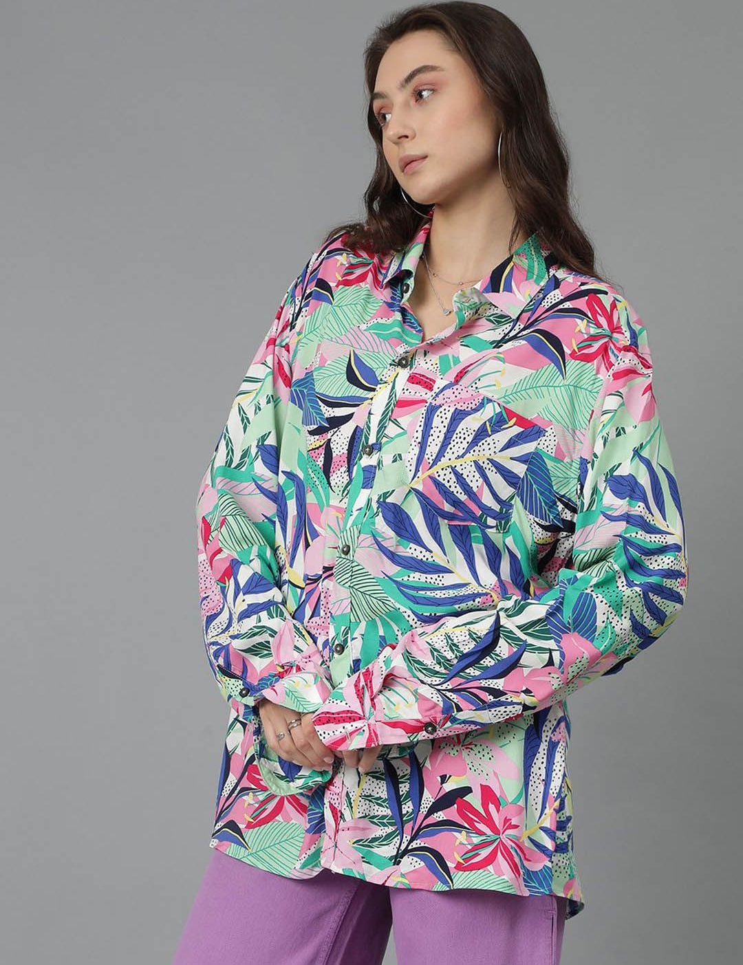 Kotty Women Spread Collar Floral Printed Cotton Oversized Casual Shirt