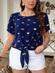 KOTTY Women Butterfly Print Boat Neck Puff Sleeves Tie-Up Top