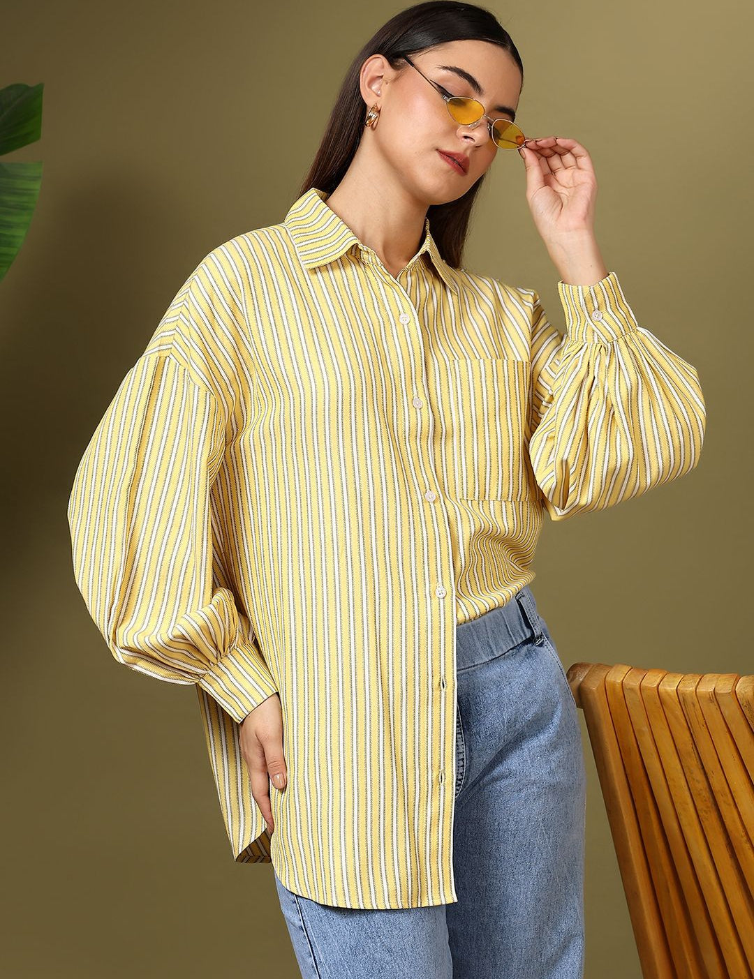 Kotty Women Spread Collar Vertical Striped Cotton Casual Shirt