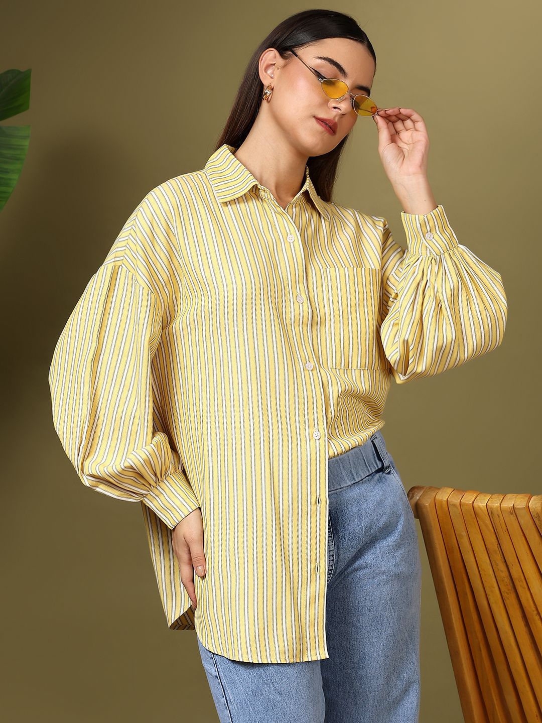 Kotty Women Spread Collar Vertical Striped Cotton Casual Shirt