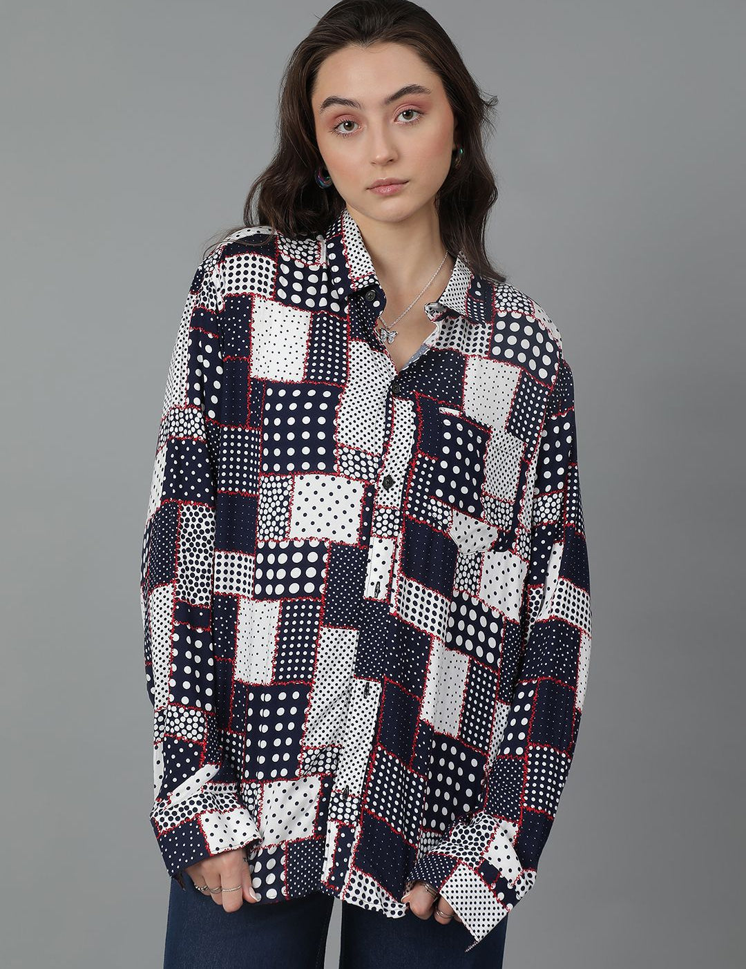 Kotty Women Spread Collar Abstract Printed Cotton Oversized Casual Shirt
