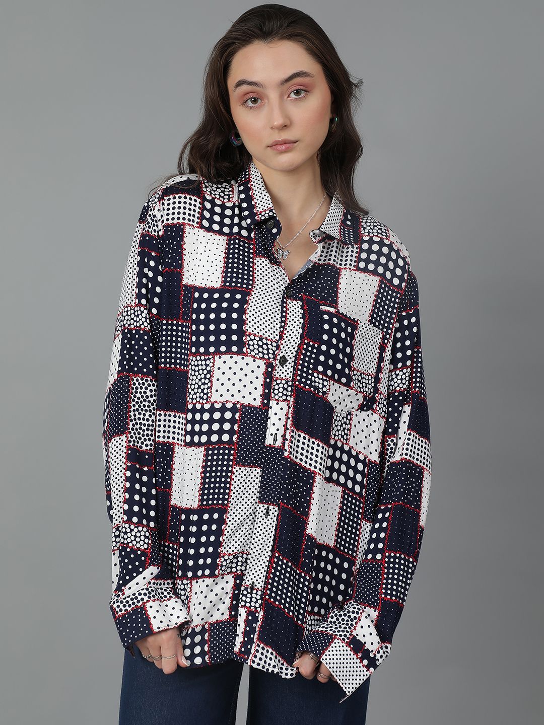 Kotty Women Spread Collar Abstract Printed Cotton Oversized Casual Shirt