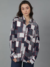 Kotty Women Spread Collar Abstract Printed Cotton Oversized Casual Shirt