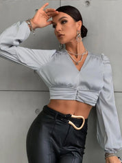 Kotty Women Bishop Sleeves Satin V-Neck Wrap Crop Top