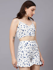 Kotty White & Blue Floral Printed V-Neck Top With Shorts