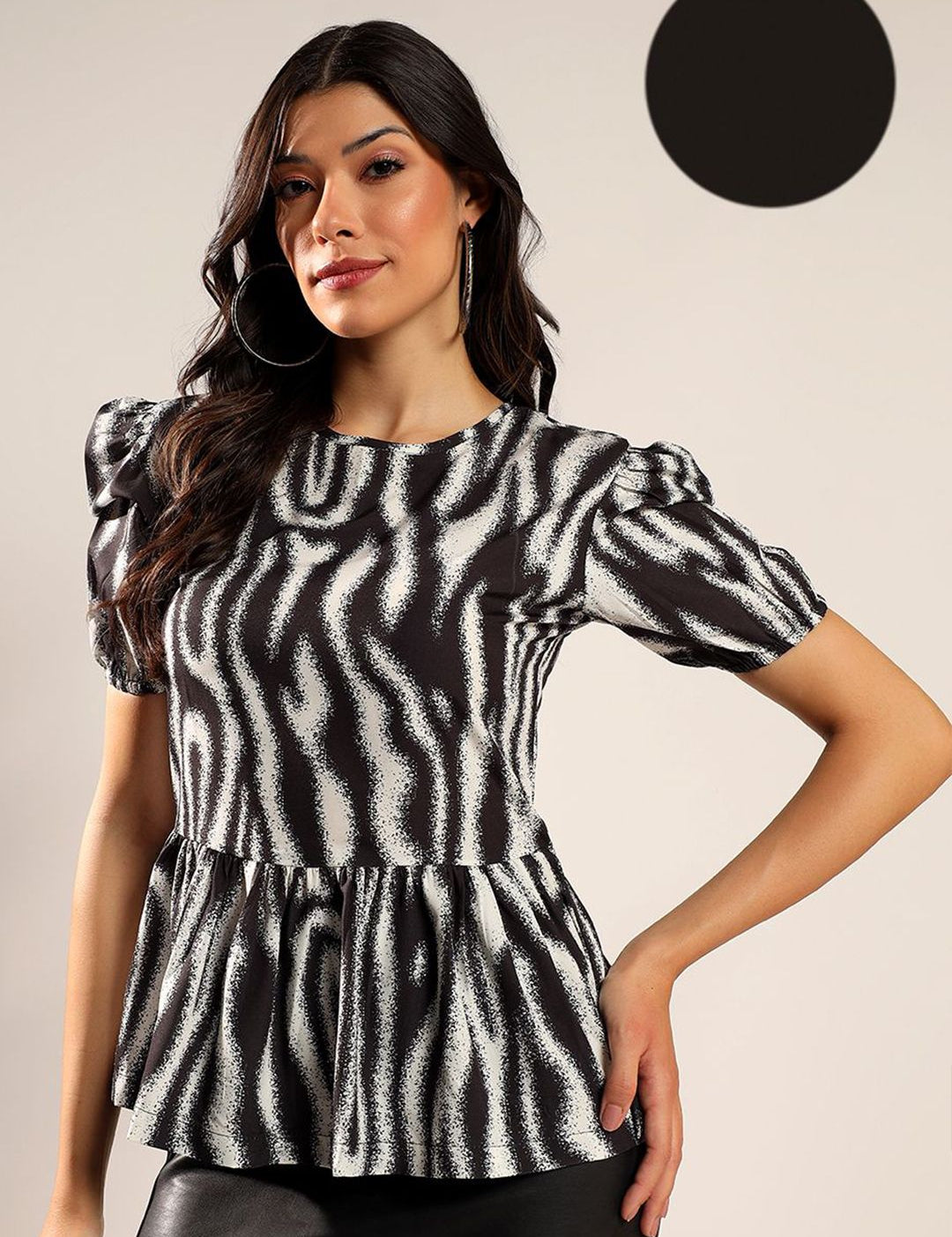 Kotty Women Boat Neck Puff Sleeve Peplum Top