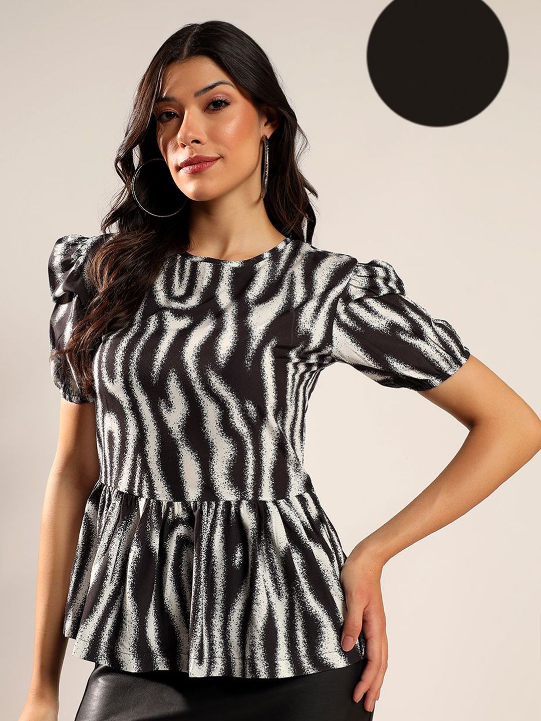 Kotty Women Boat Neck Puff Sleeve Peplum Top