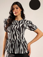 Kotty Women Boat Neck Puff Sleeve Peplum Top