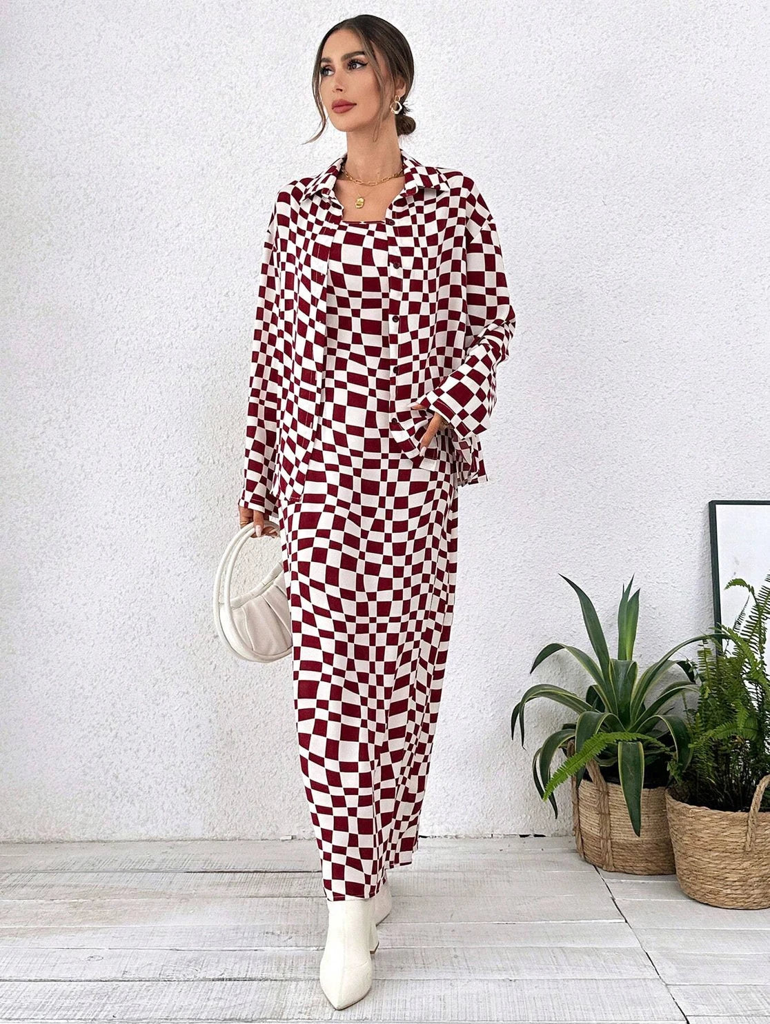Burgundy Checkerboard Maxi Dress Two Piece Outfit Set