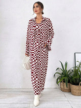 Burgundy Checkerboard Maxi Dress Two Piece Outfit Set