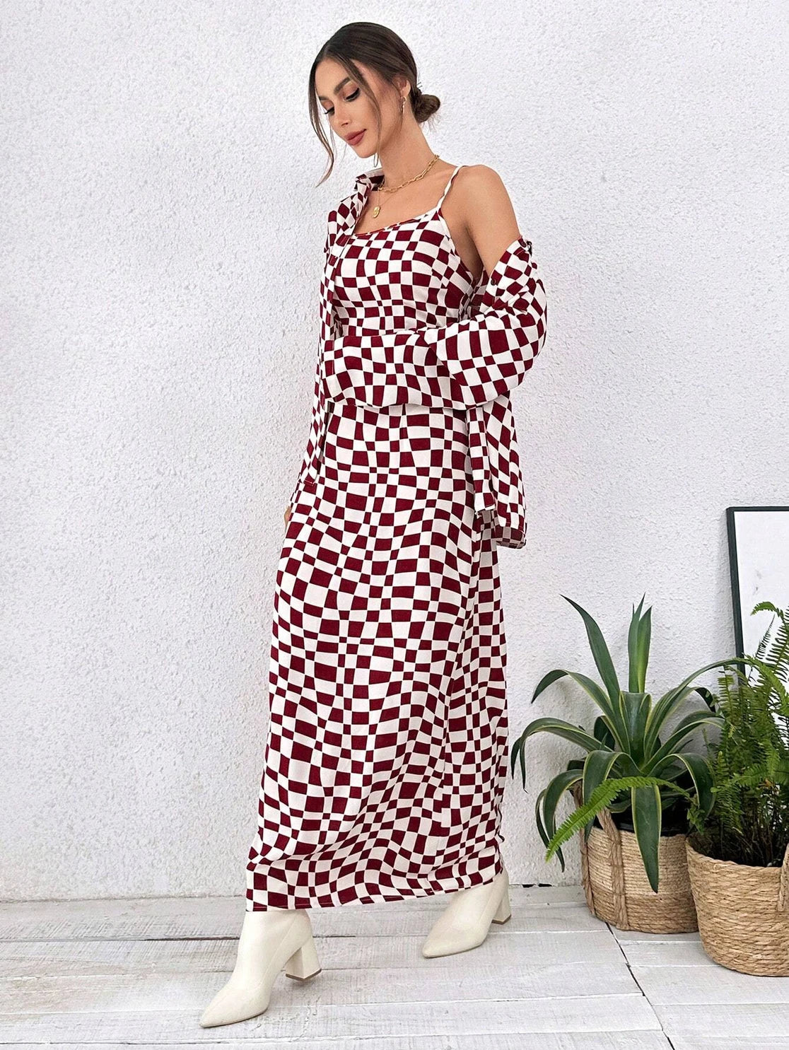 Burgundy Checkerboard Maxi Dress Two Piece Outfit Set
