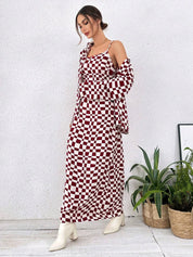 Burgundy Checkerboard Maxi Dress Two Piece Outfit Set