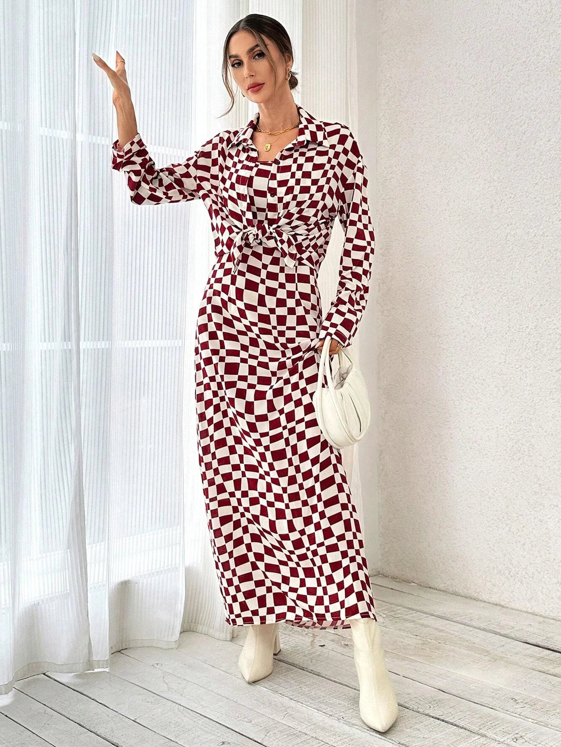 Burgundy Checkerboard Maxi Dress Two Piece Outfit Set