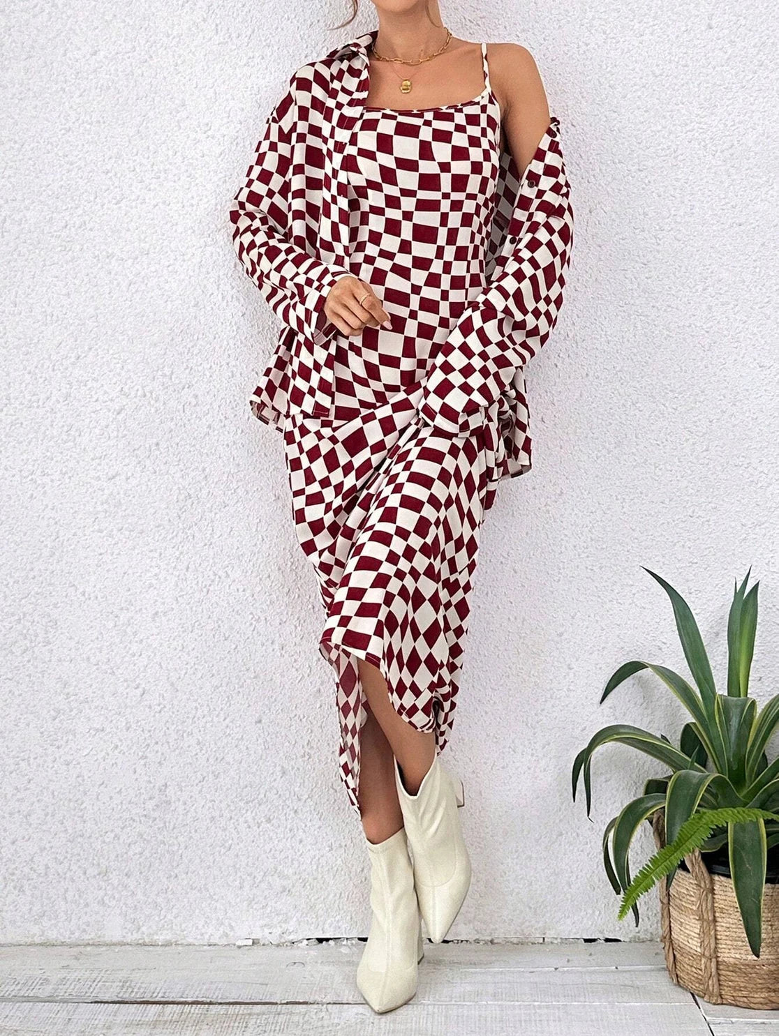 Burgundy Checkerboard Maxi Dress Two Piece Outfit Set