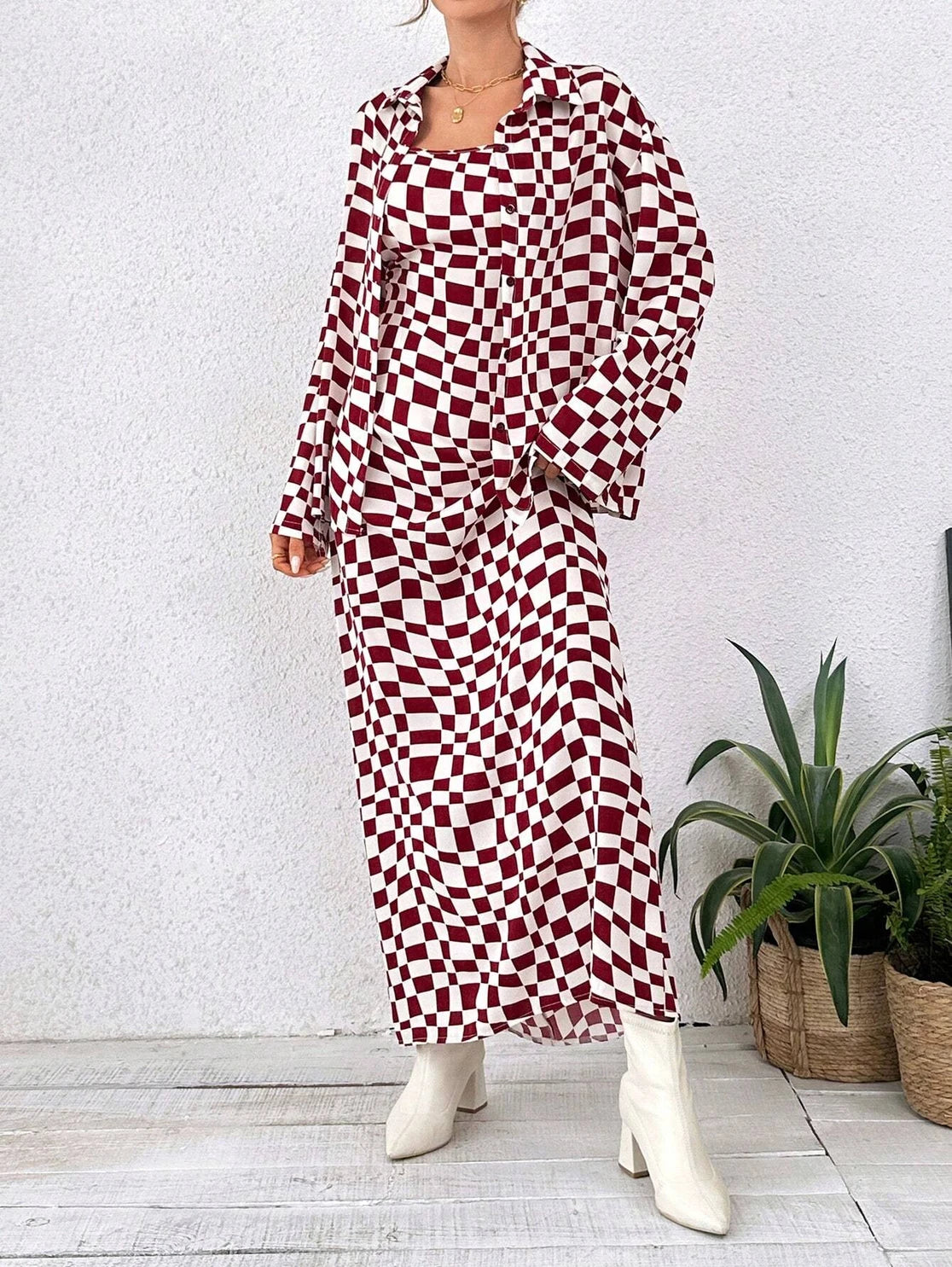Burgundy Checkerboard Maxi Dress Two Piece Outfit Set
