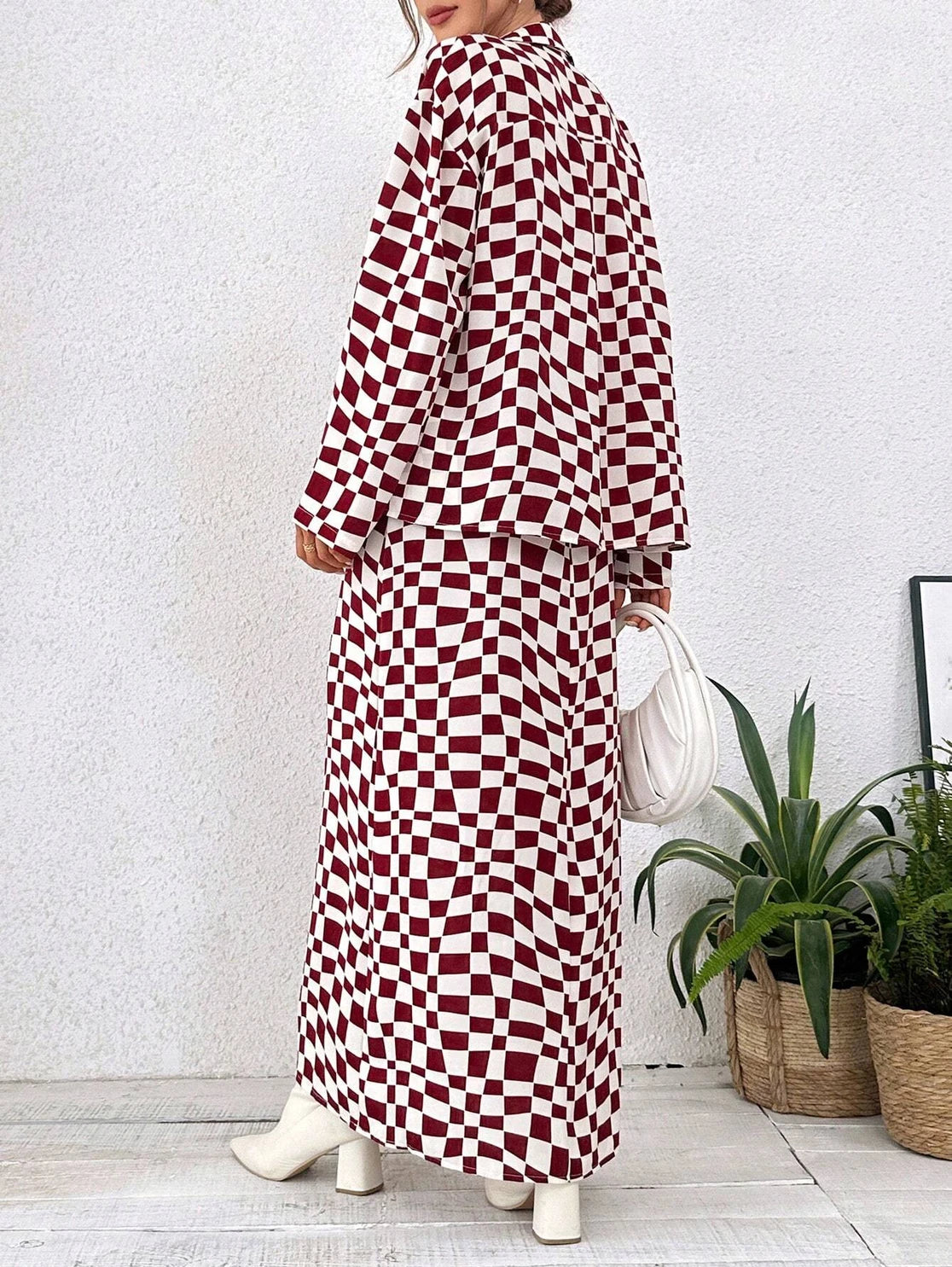 Burgundy Checkerboard Maxi Dress Two Piece Outfit Set