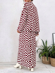 Burgundy Checkerboard Maxi Dress Two Piece Outfit Set