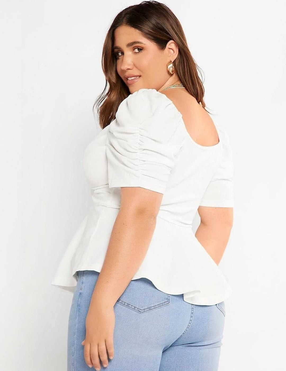 KOTTY Women Plus Size Sweetheart Neck Puff Sleeve Peplum Top