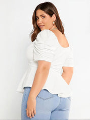 KOTTY Women Plus Size Sweetheart Neck Puff Sleeve Peplum Top