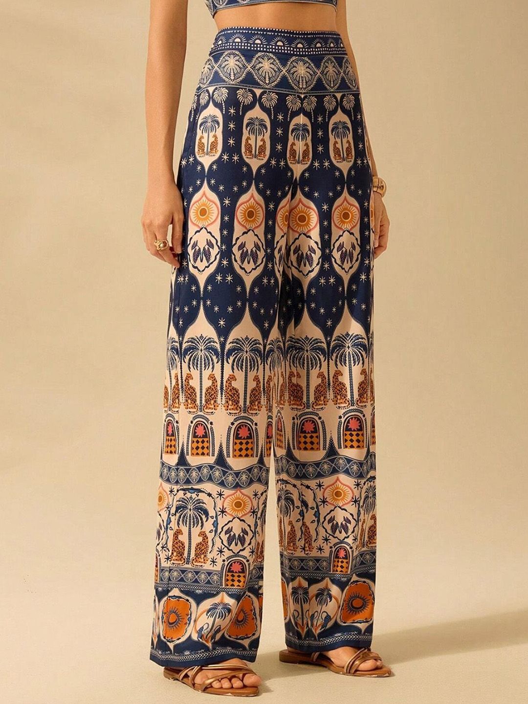 Kotty Women Ethnic Motifs Printed Relaxed Flared High-Rise Trousers