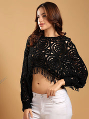 Kotty Women Crochet Black Heart Crop Top