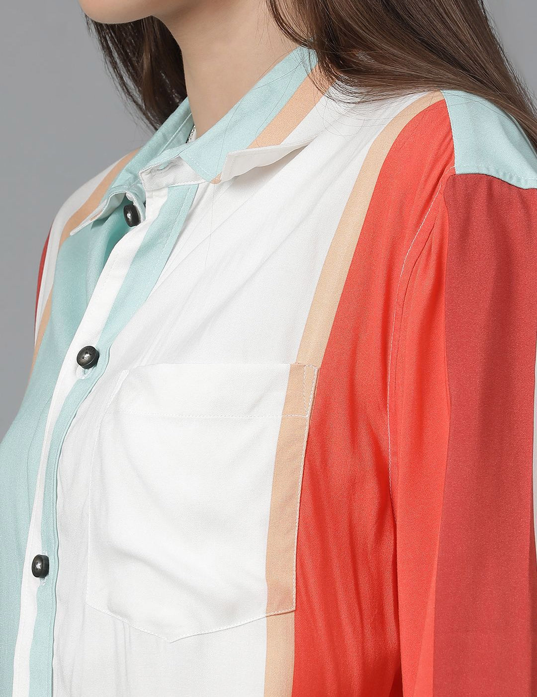 Kotty Women Spread Collar Colourblocked Cotton Oversized Casual Shirt