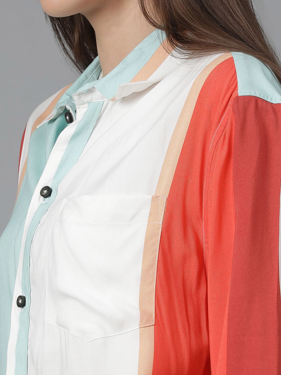 Kotty Women Spread Collar Colourblocked Cotton Oversized Casual Shirt